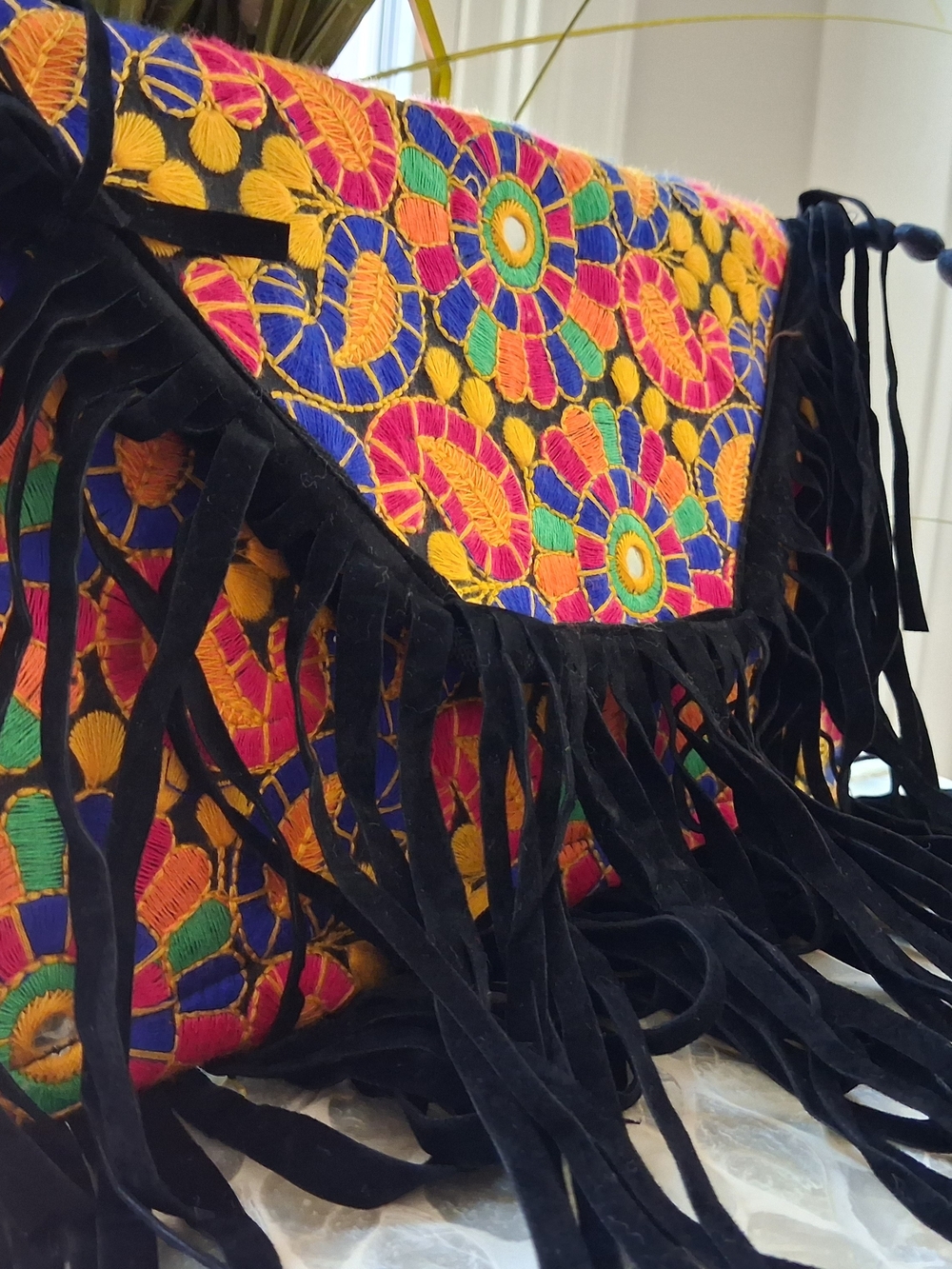 Embroidered Fringe Crossbody Bag - Black with Multicolor Floral Stitching - Picture 2 of 7